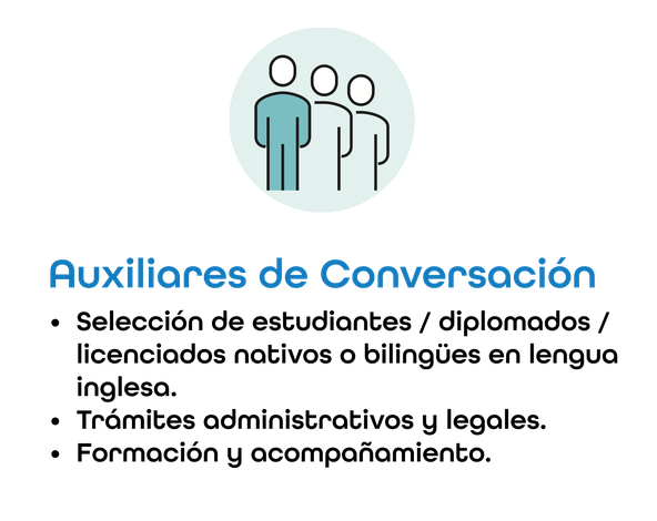 Auxiliares de Conversación: selección de estudiantes, diplomados o licenciados nativos o bilingües en lengua inglesa; trámites administrativos y legales; formación y acompañamiento
