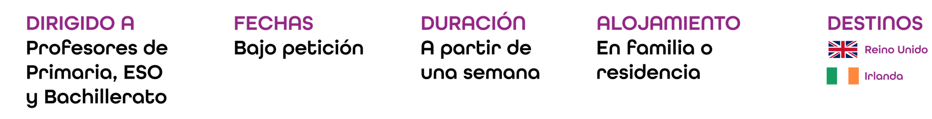 Dirigido a profesores de Primaria, ESO y Bachillerato · Fechas: bajo petición · Duración: a partir de una semana · Alojamiento en familia o residencia · Destinos: Reino Unido e Irlanda