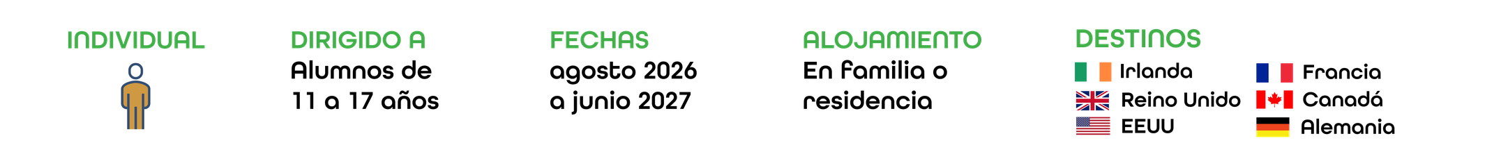 Individual · Dirigido a alumnos de 11 a 17 años · Fechas: de agosto 2026 a junio 2027 · Alojamiento en familia o residencia · Destinos: Irlanda, Reino Unido, Estados Unidos, Francia, Canadá y Alemania